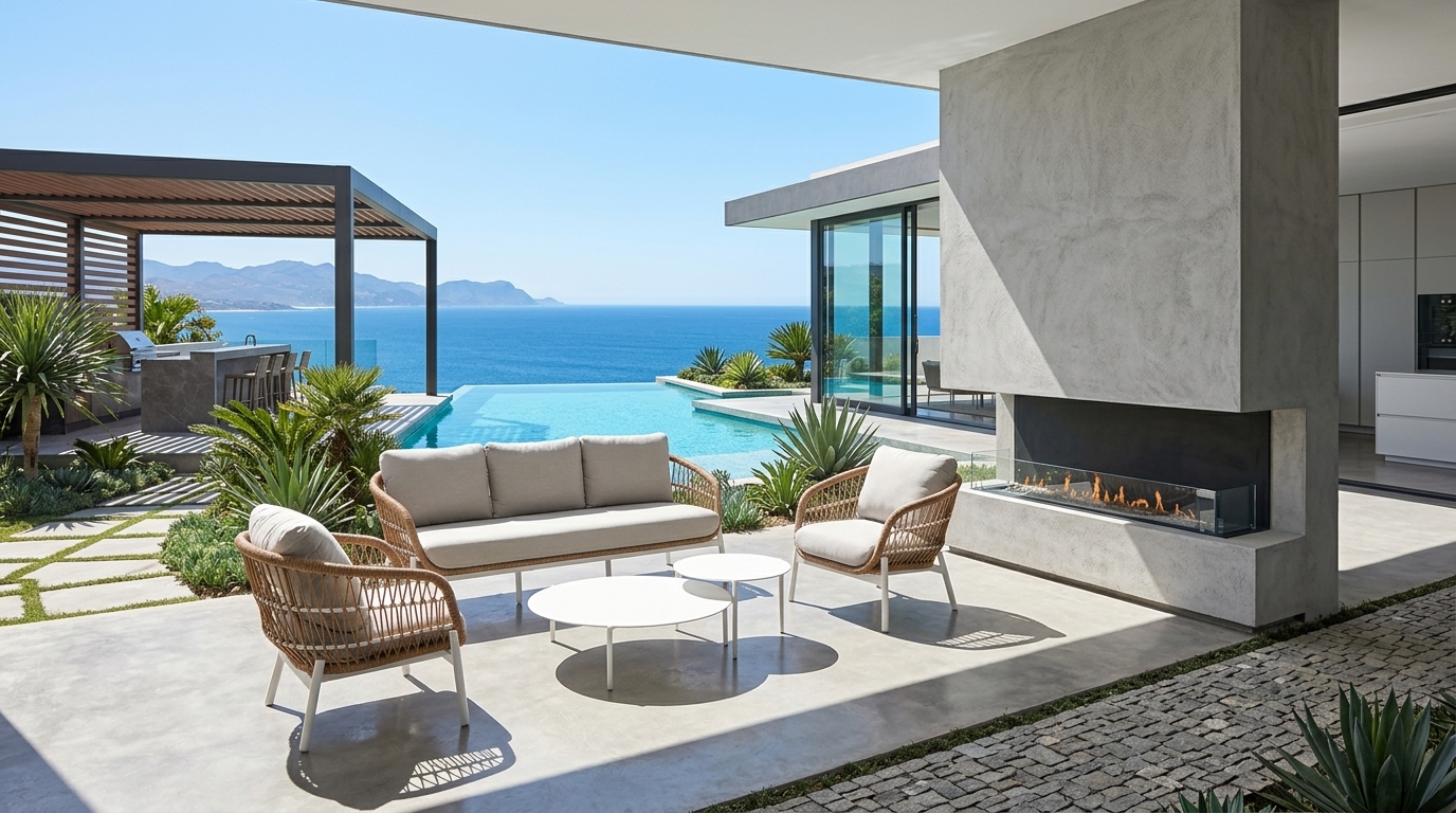 Colección Bari en terraza residencial con alberca y vista al mar