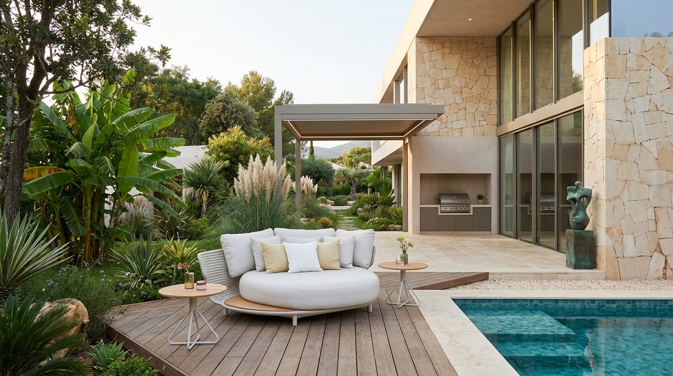 Daybed Alma en acabado Beige con dos mesas laterales de teca sobre terraza de madera junto a alberca
