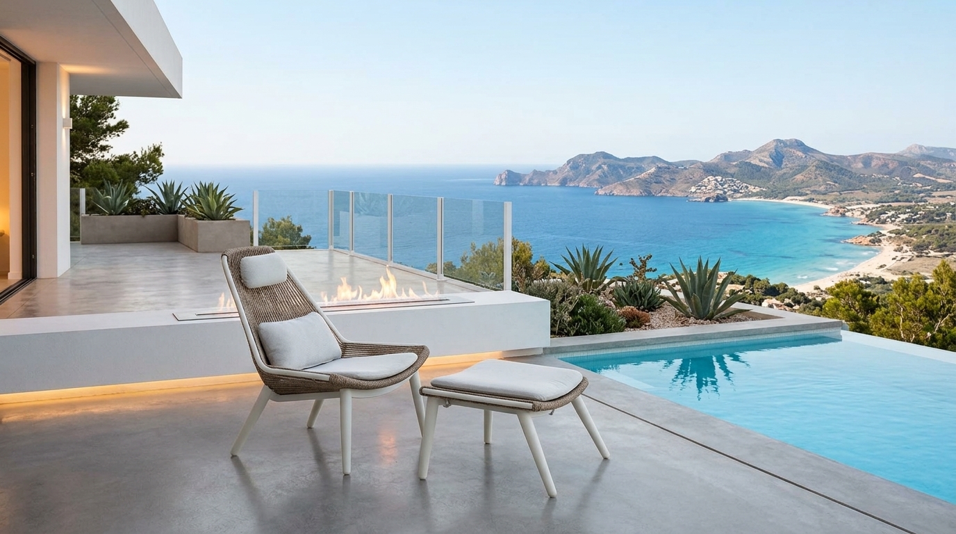 Sillón Lounge Individual con Taburete Como en terraza al atardecer junto a alberca infinita