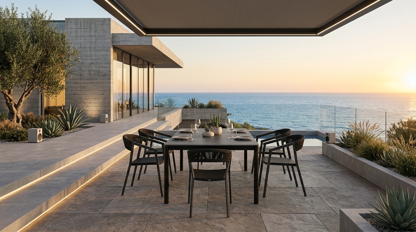 Sillas AUTO alrededor de una mesa de comedor rectangular en una terraza residencial al atardecer con vista al mar y vegetación desértica