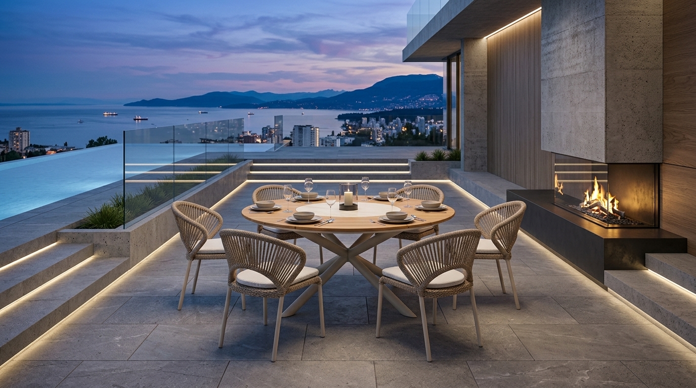 Mesa de Comedor Loop en terraza al atardecer con vista a la bahía