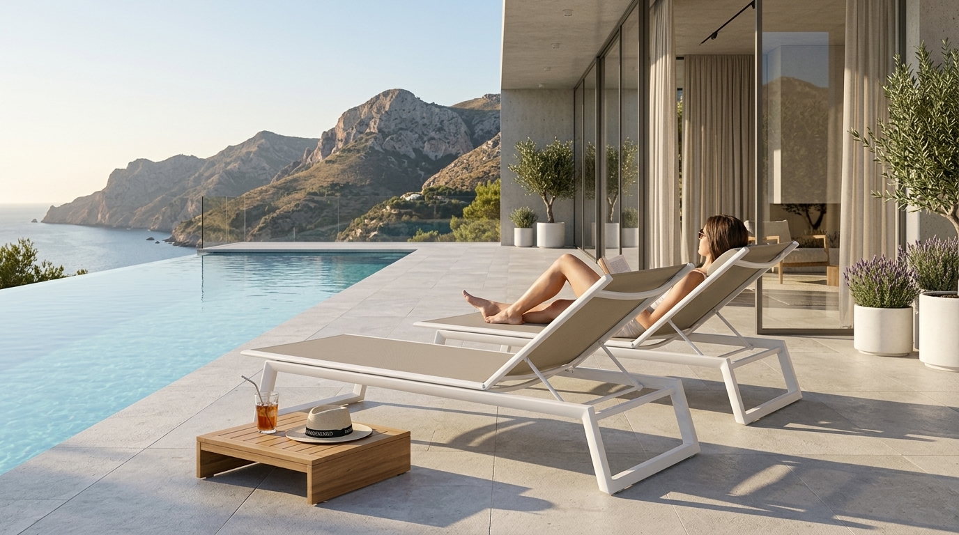 Camastro Themis en acabado Blanco junto a alberca en terraza residencial con vista al mar