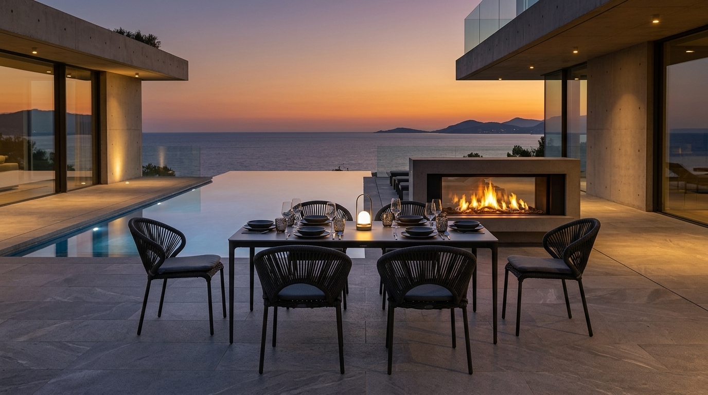 Sillas Holly en acabado Charcoal alrededor de una mesa de comedor en terraza al atardecer con fogonero y vista al mar