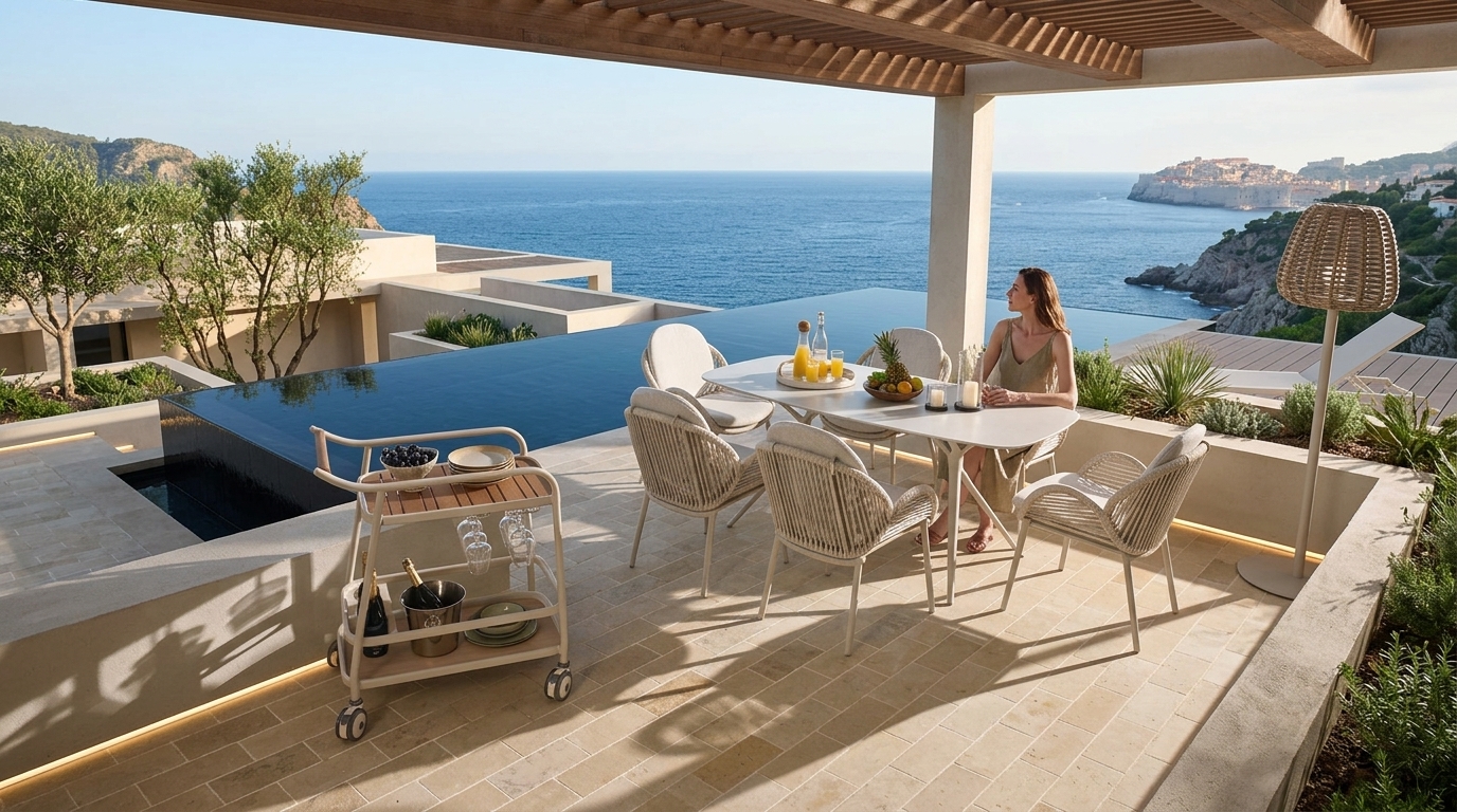 Sillas Vigo en acabado Beige alrededor de una mesa de comedor en terraza con carrito bar, pérgola y vista al mar
