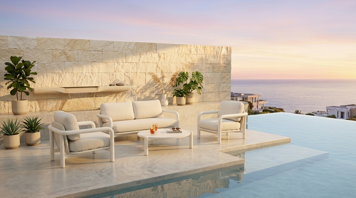 Colección Arco en terraza al atardecer con vista al mar