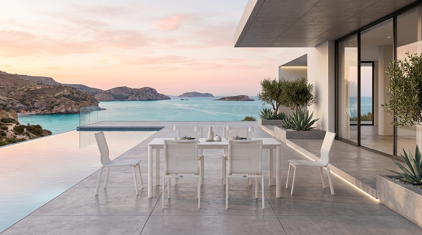 Comedor Aspen en terraza con vista al mar al atardecer