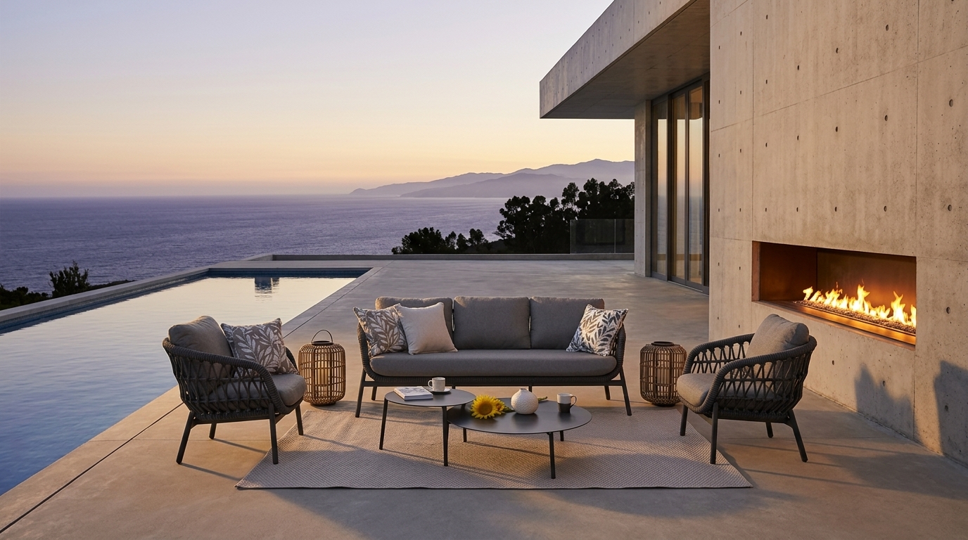 Colección Bari en terraza al atardecer con chimenea y vista al mar