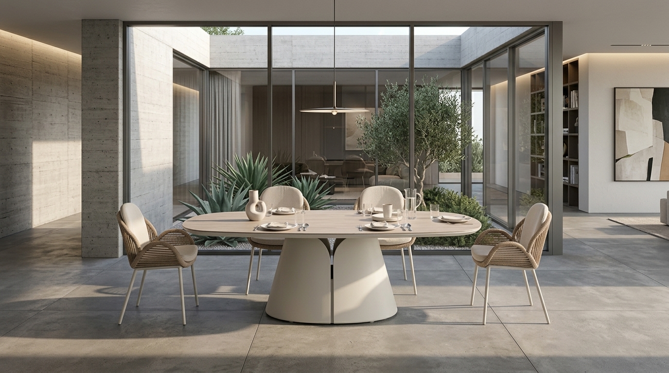 Mesa de Comedor Tulip en patio con jardín de diseño desértico y arquitectura de cristal