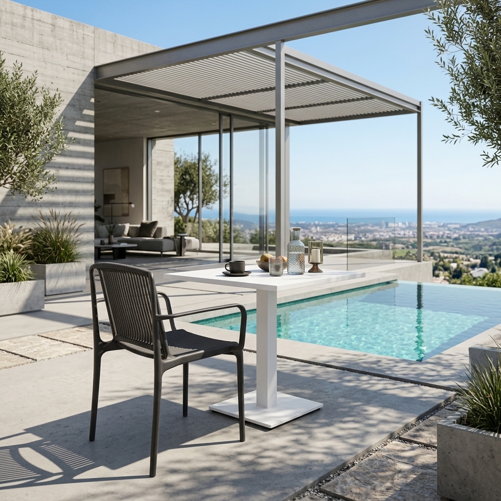 Silla Nes con Brazos en acabado Charcoal en terraza con mesa de comedor