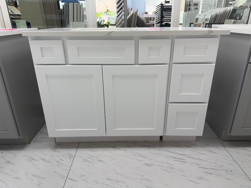 White vanity with side drawers