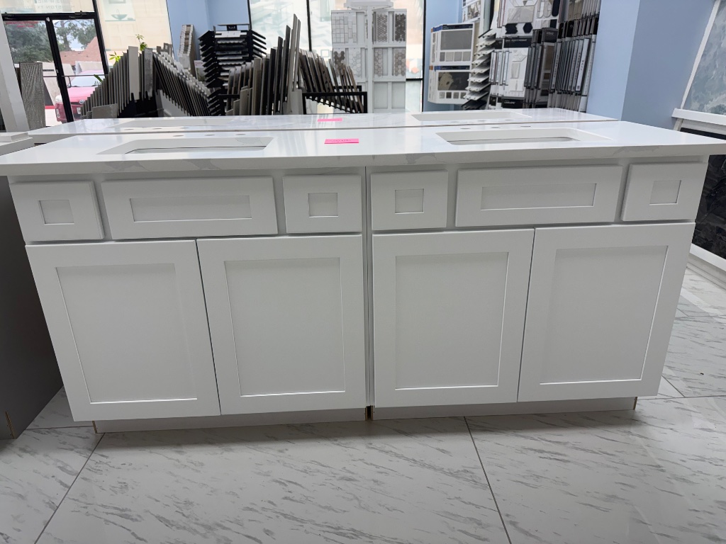 White double sink vanity with quartz top
