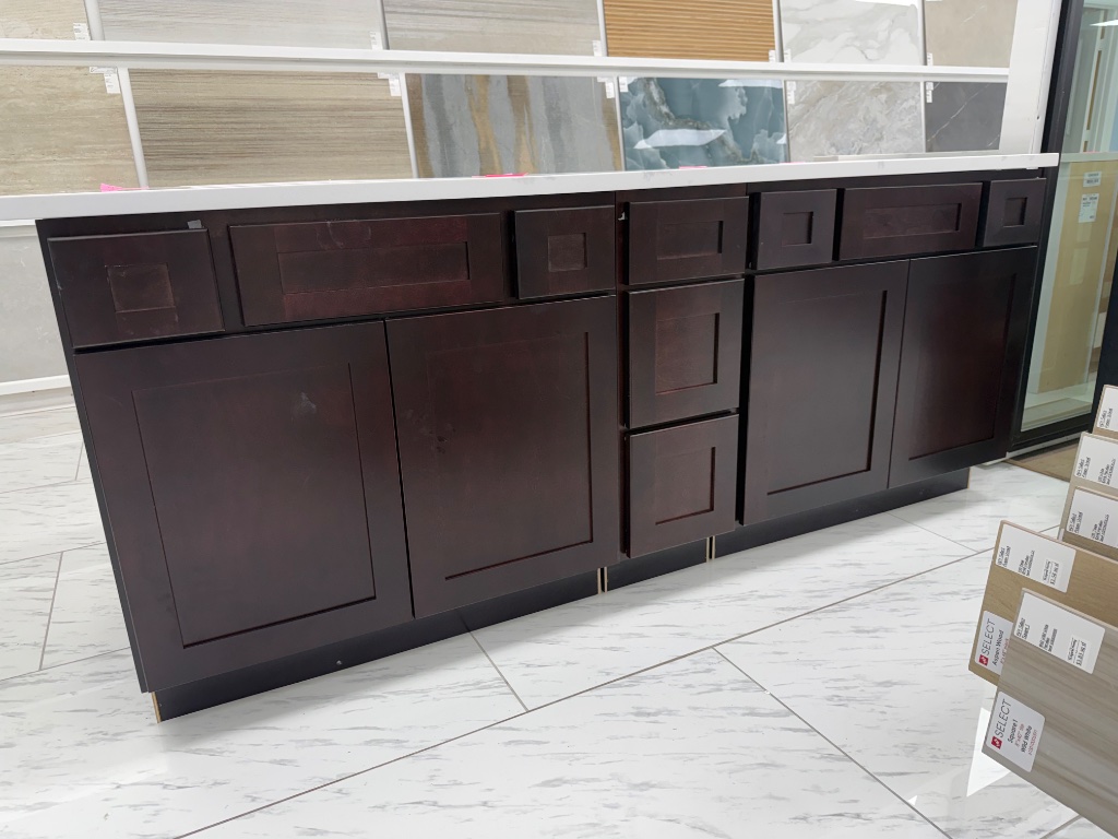Espresso double vanity with quartz countertop