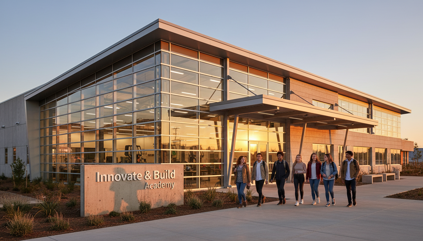 Skill Forge campus building at golden hour