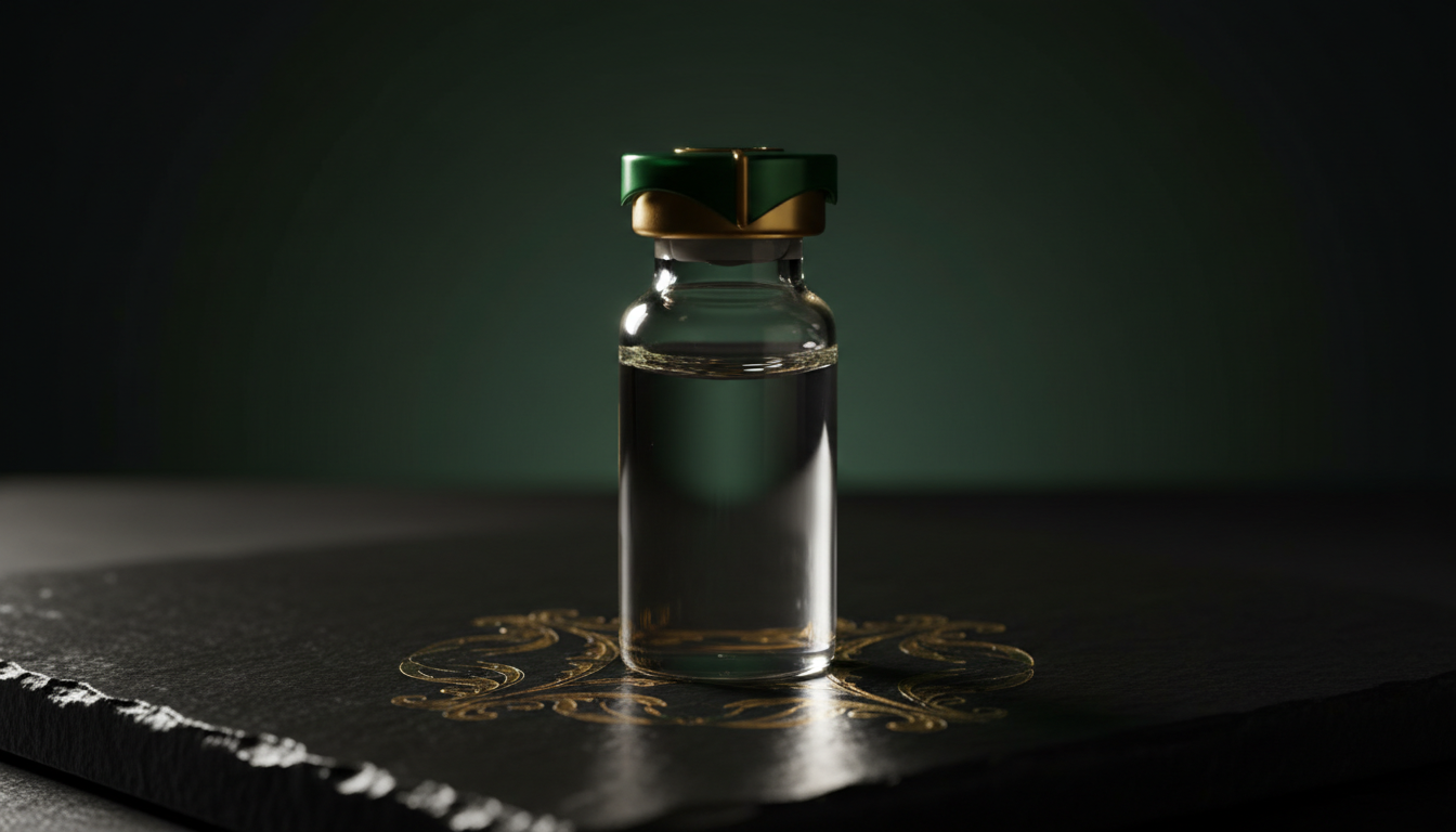 Premium peptide vial on obsidian surface with golden lighting
