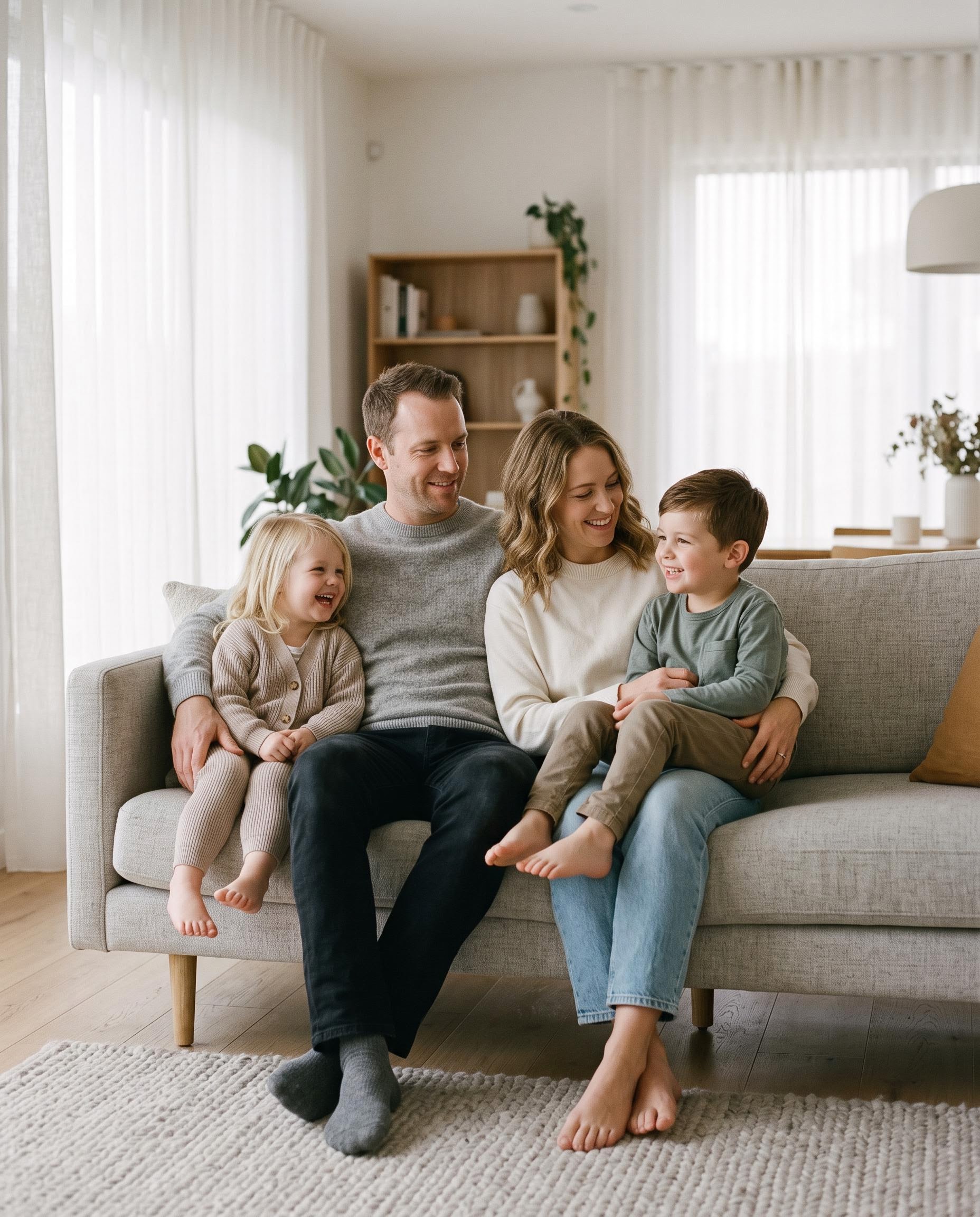 A family together at home, protected