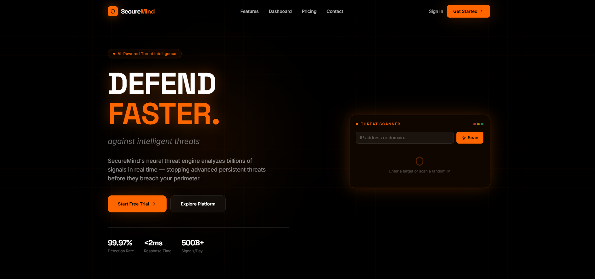 SecureMind — AI Cybersecurity & Threat Intelligence template preview