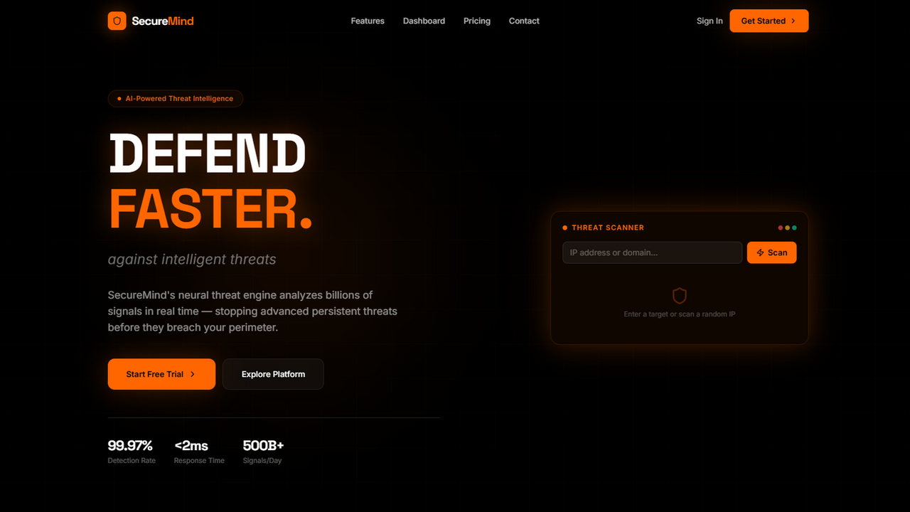 SecureMind — AI Cybersecurity & Threat Intelligence template preview