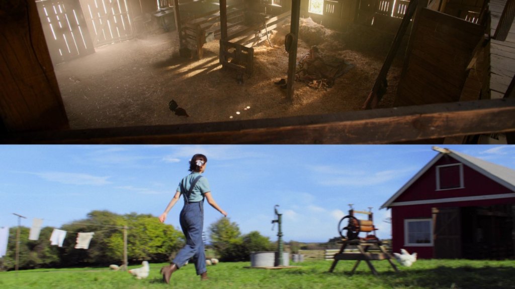 Split image of barn and farm scene