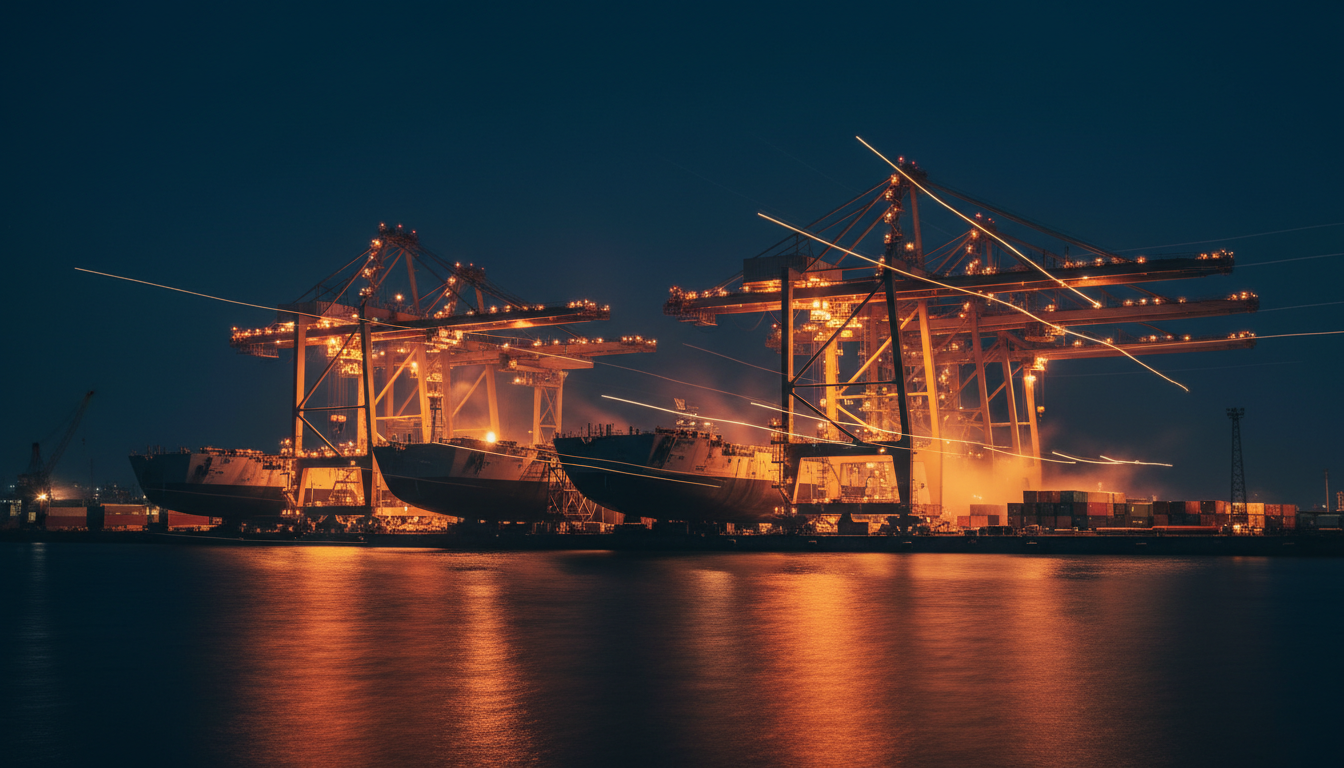 Industrial shipyard with cranes at night