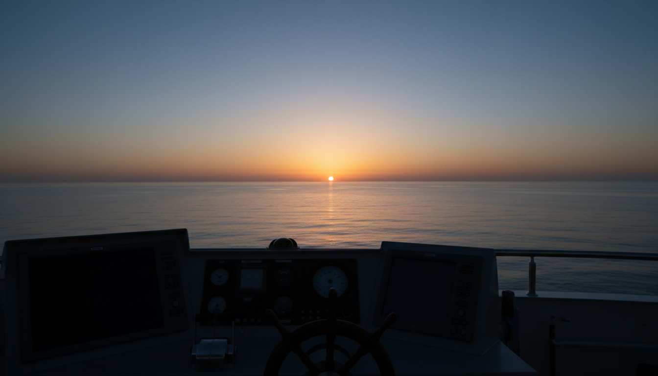Ship bridge overlooking calm ocean horizon