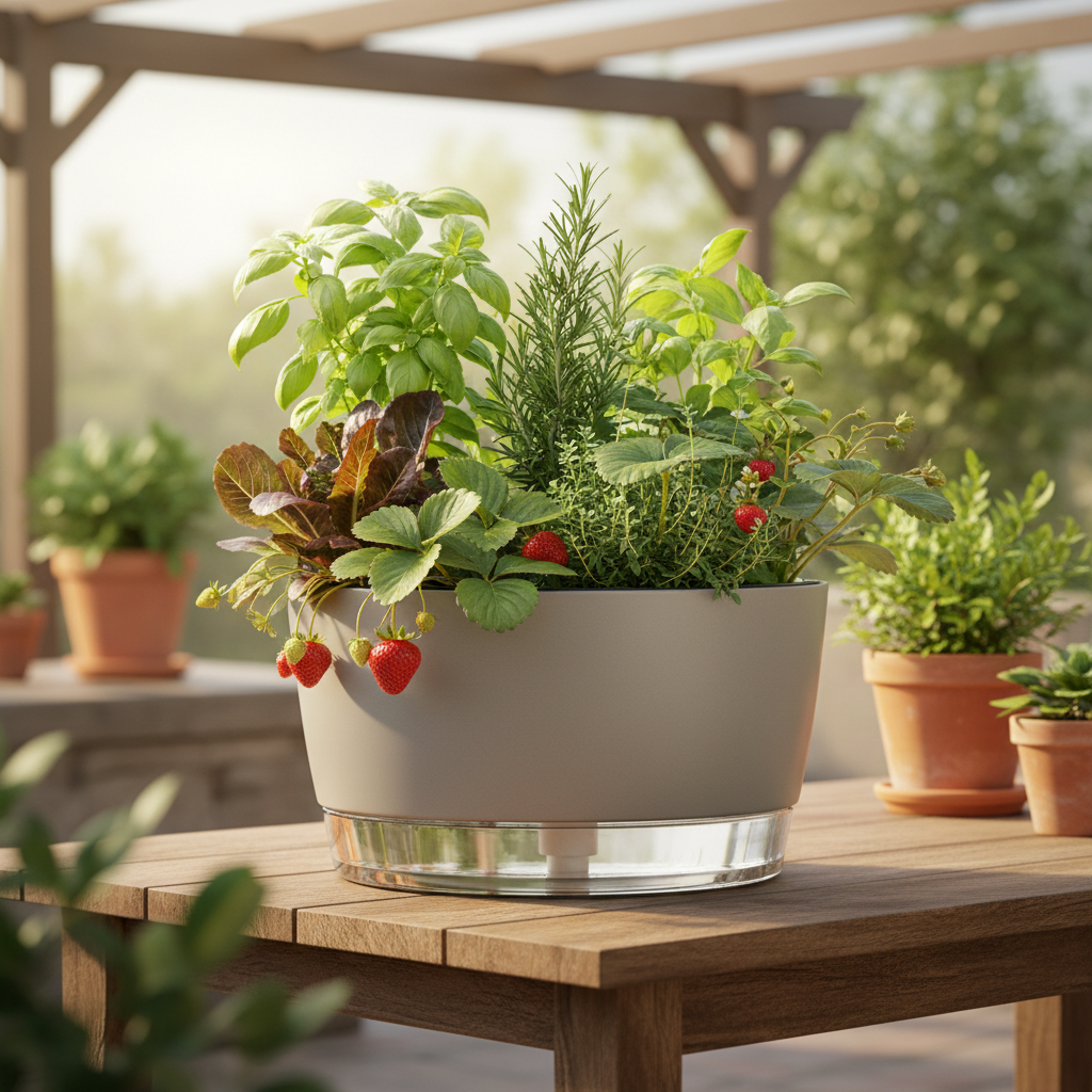 Vego Garden 15-inch self-watering planter filled with herbs, lettuce, and strawberries — premium indoor outdoor container gardening planter