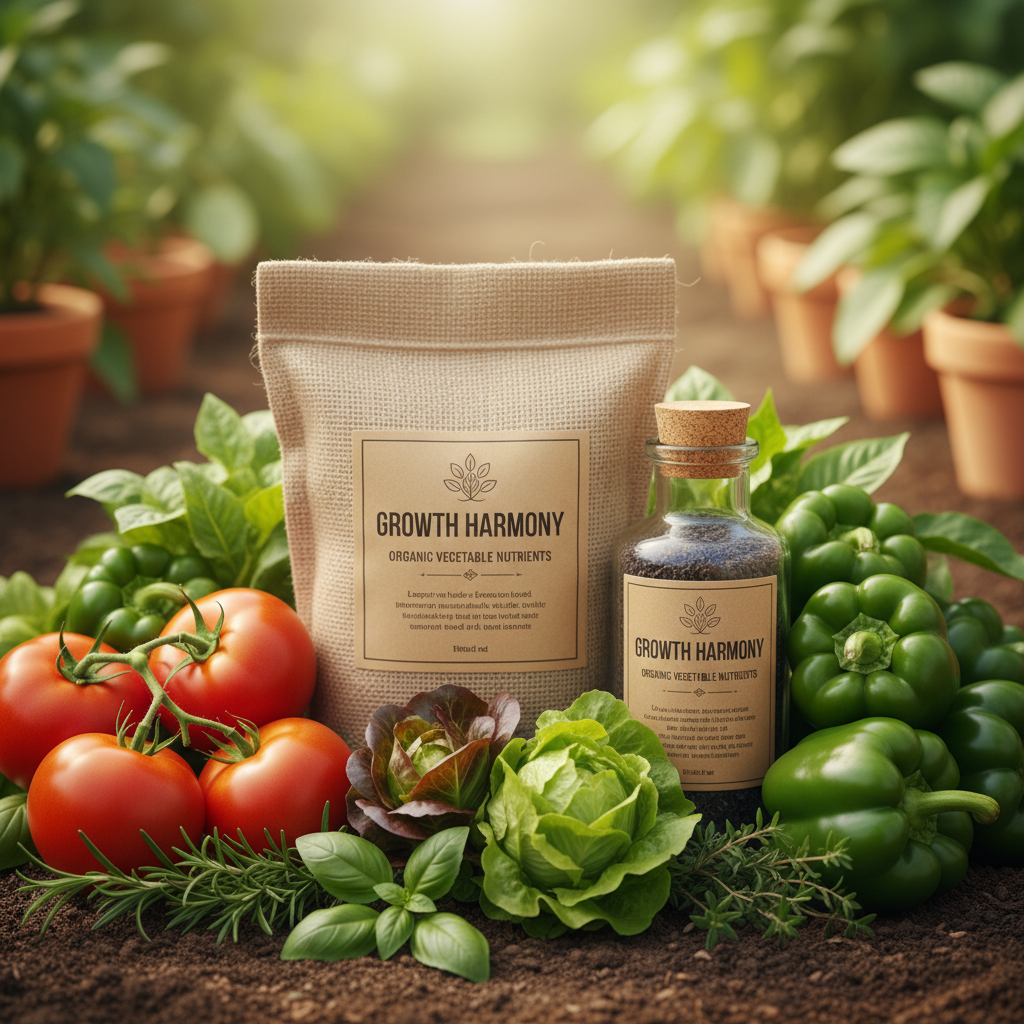 Premium organic vegetable fertilizer surrounded by healthy tomatoes, peppers, and herbs — best organic fertilizer for raised beds and container gardens