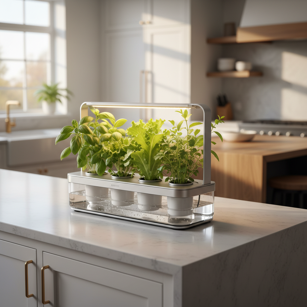 Premium countertop hydroponic garden system with built-in LED lighting growing fresh herbs and lettuce indoors