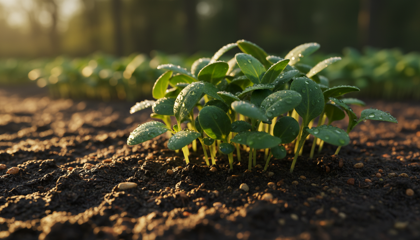 Lush vegetable seedlings emerging from rich soil in golden light