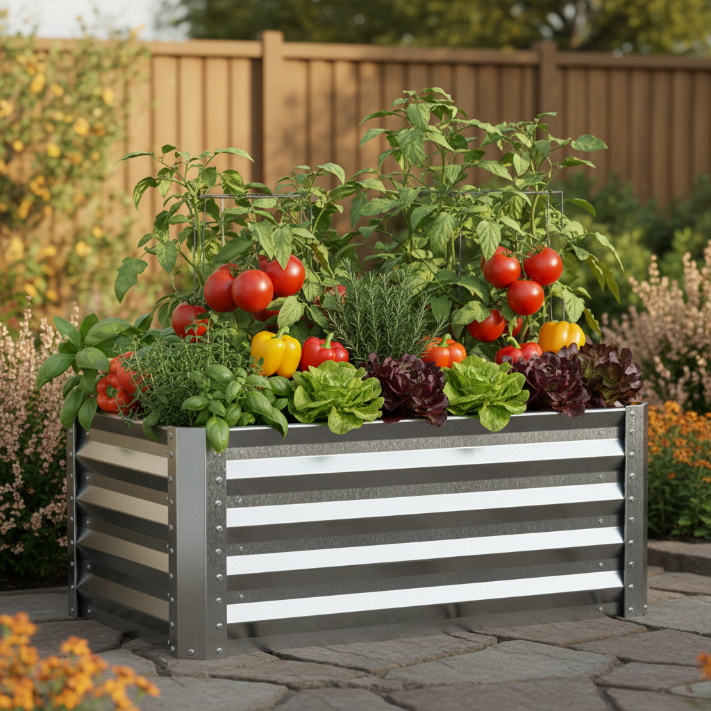 Vego Garden 6-in-1 modular raised garden bed kit filled with thriving vegetables for backyard vegetable gardening
