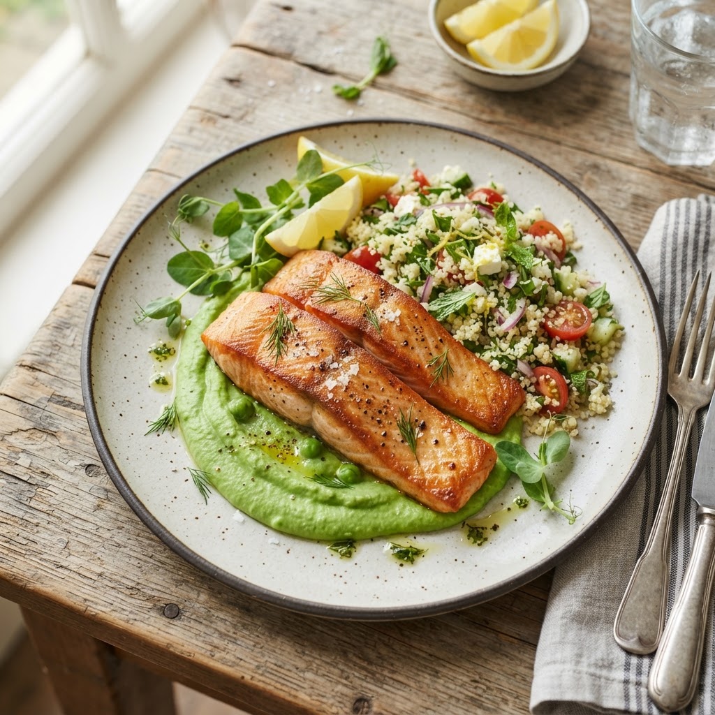 Pan-Seared Salmon with Pea Puree & Couscous Salad