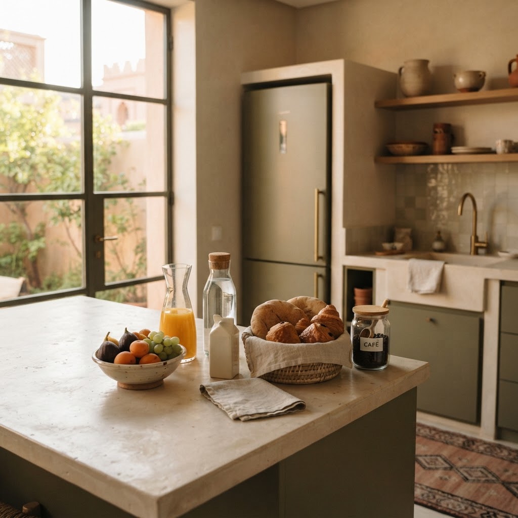 A prepared modern Marrakech apartment kitchen with fresh arrival essentials waiting on the counter