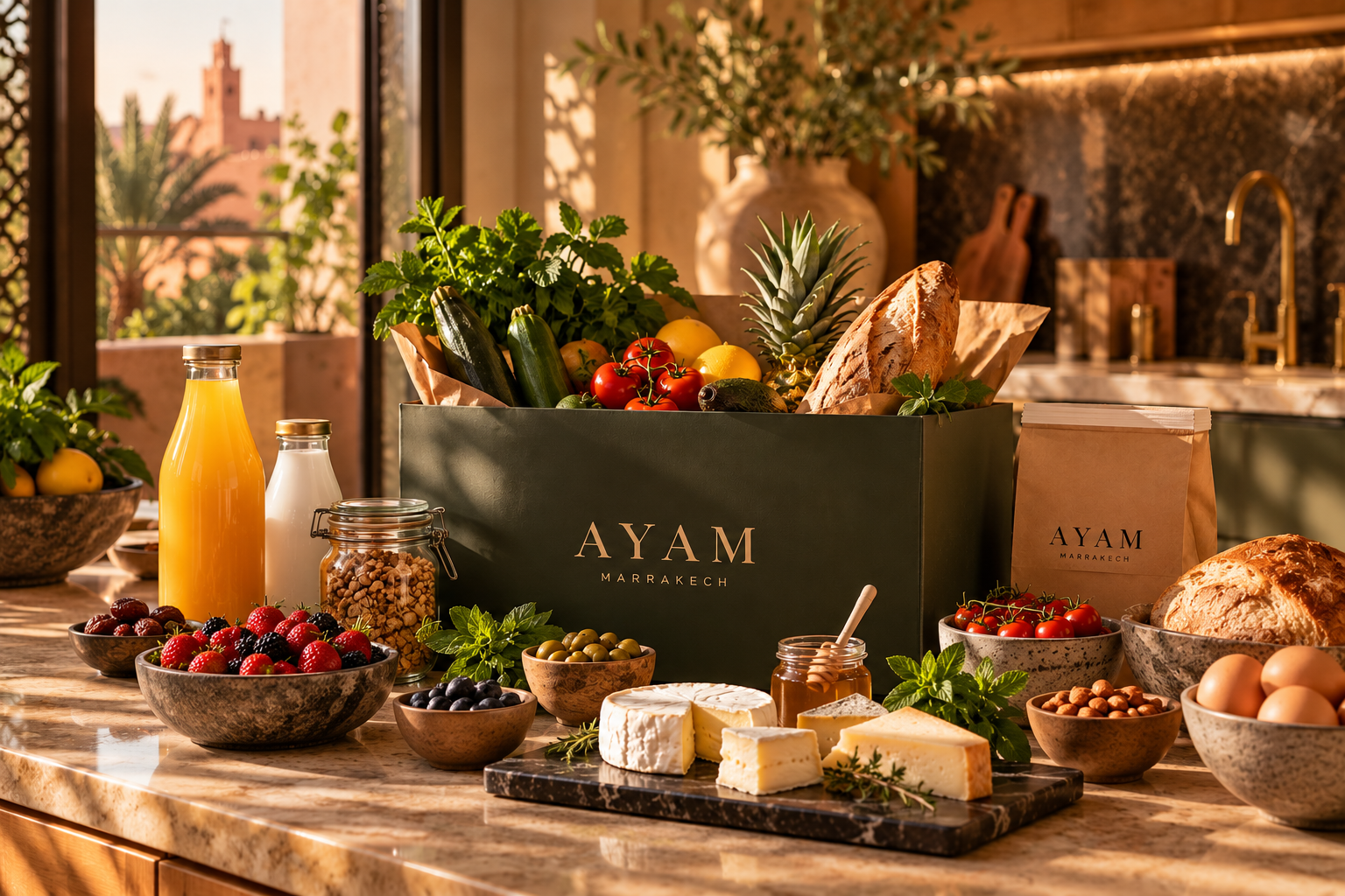 A prepared modern Marrakech apartment kitchen with fresh arrival essentials waiting on the counter