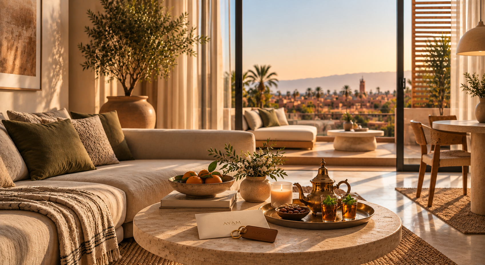 An AYAM terrace at golden hour, with mint tea, brass tray, and views over Marrakech