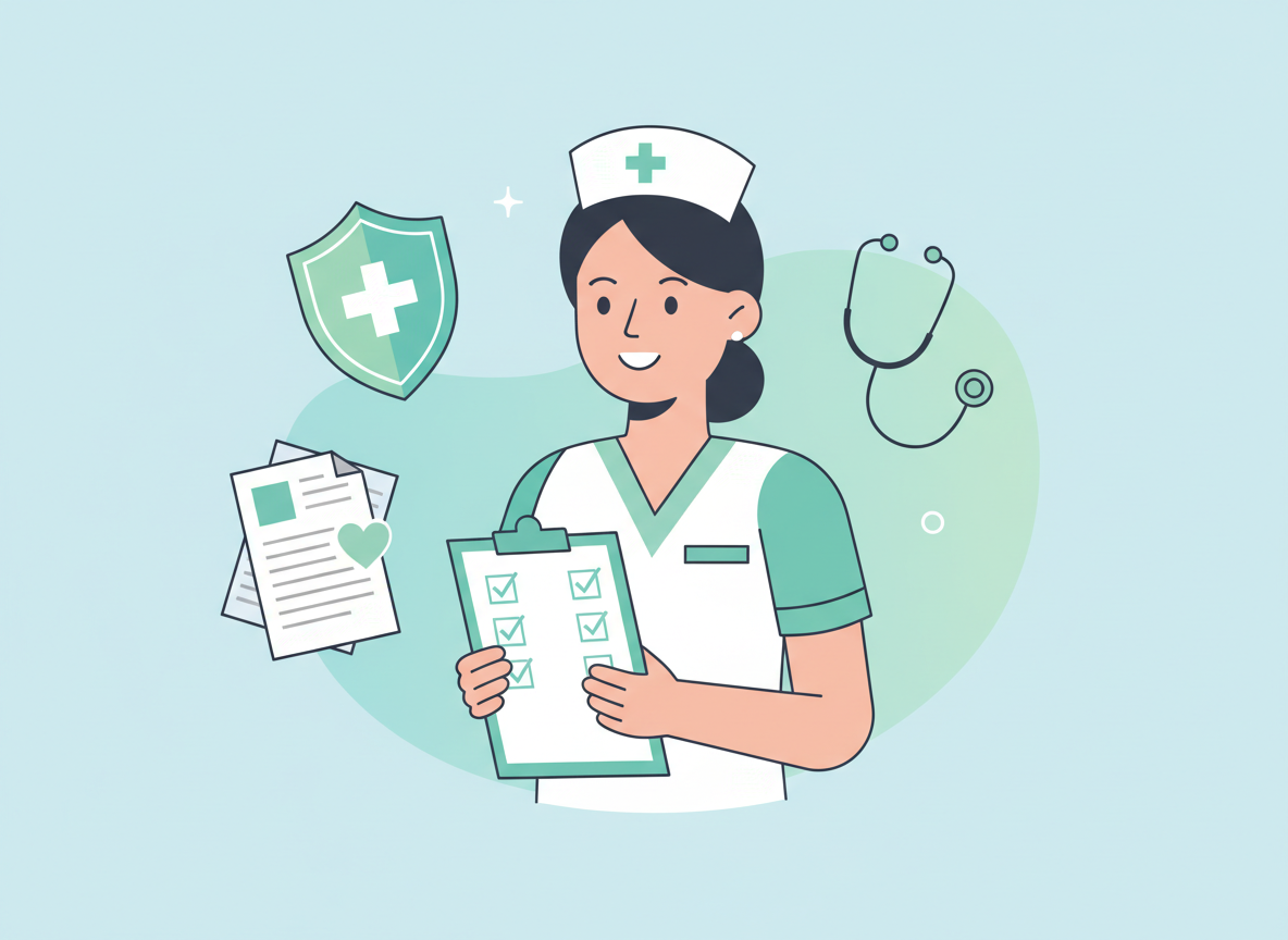 Healthcare professional reviewing coverage options with a clipboard and medical symbols