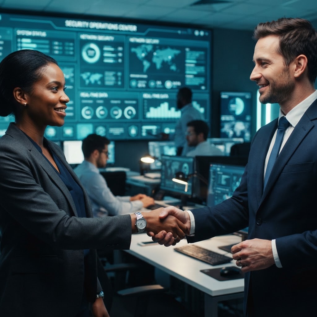 Professionals clasping hands in a command center