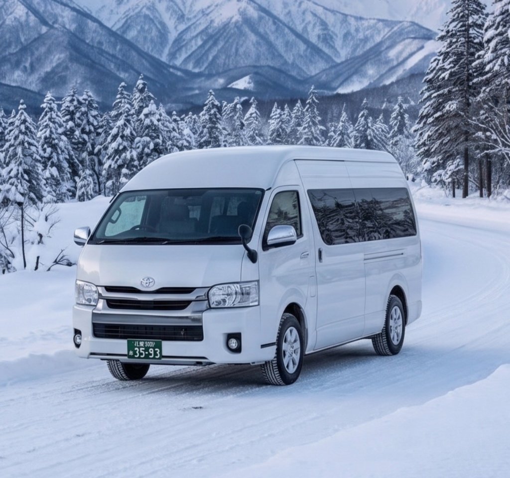 White Toyota HiAce Grand Cabin driving through Hokkaido snow mountains
