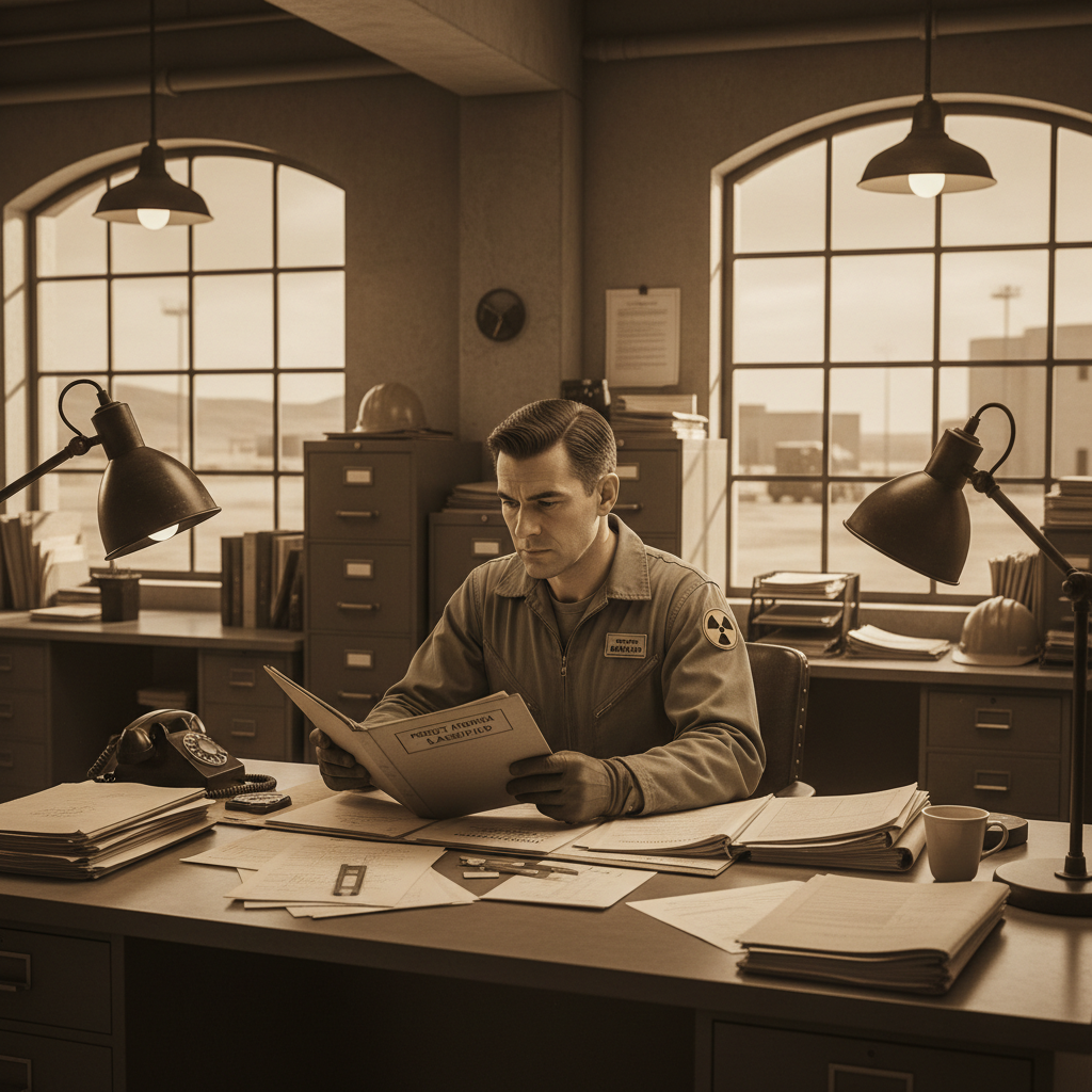 Atomic era nuclear worker reviewing documents