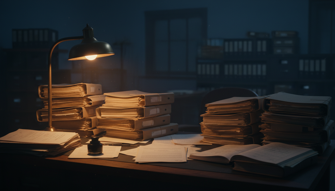 Government office desk with claim files