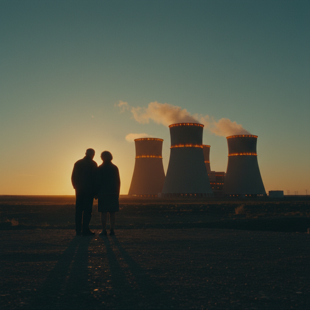 Family silhouette at nuclear facility at sunset