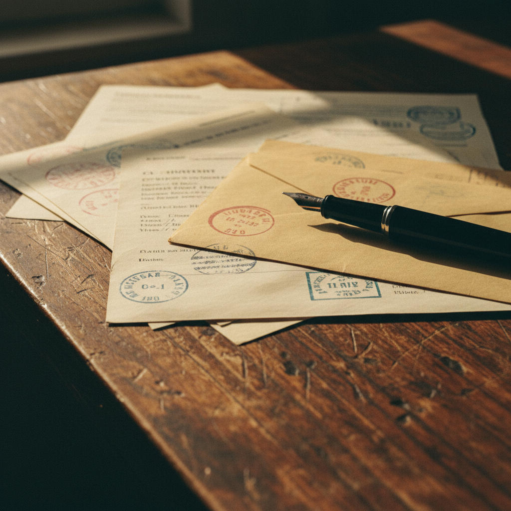 Vintage claim documents on a worn desk