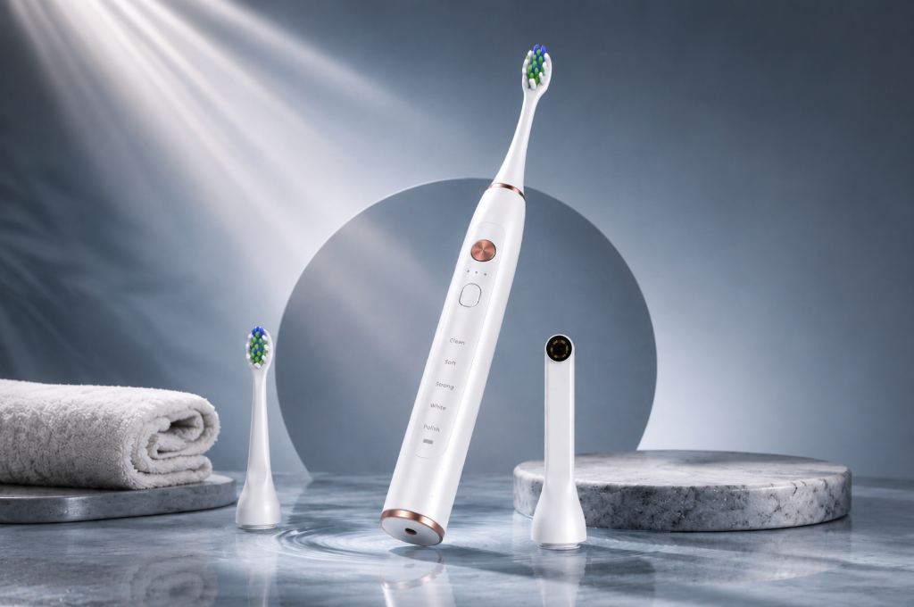 OralScan AI smart toothbrush with intraoral camera head and brush attachments