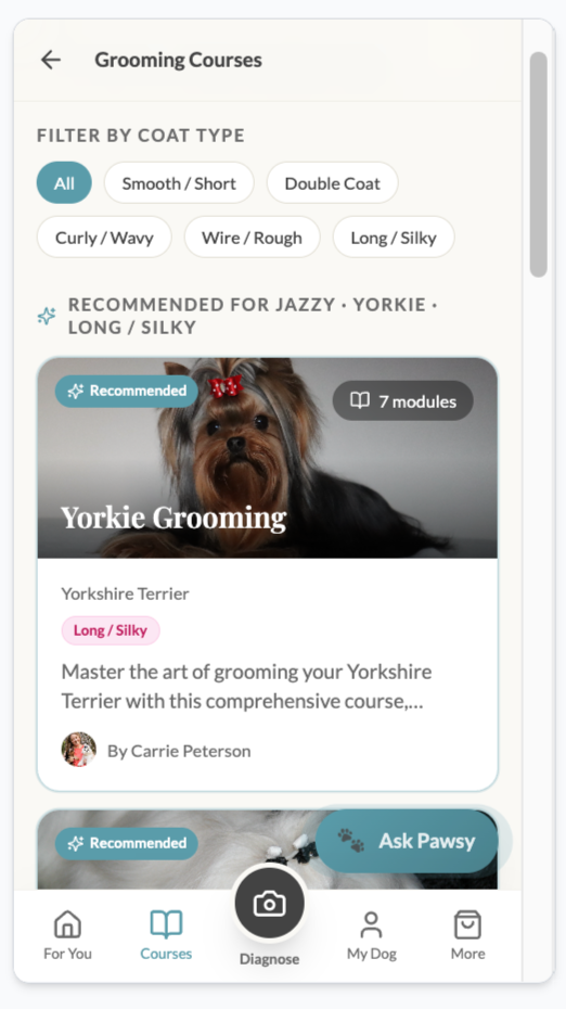 Groom at Home app — grooming courses dashboard