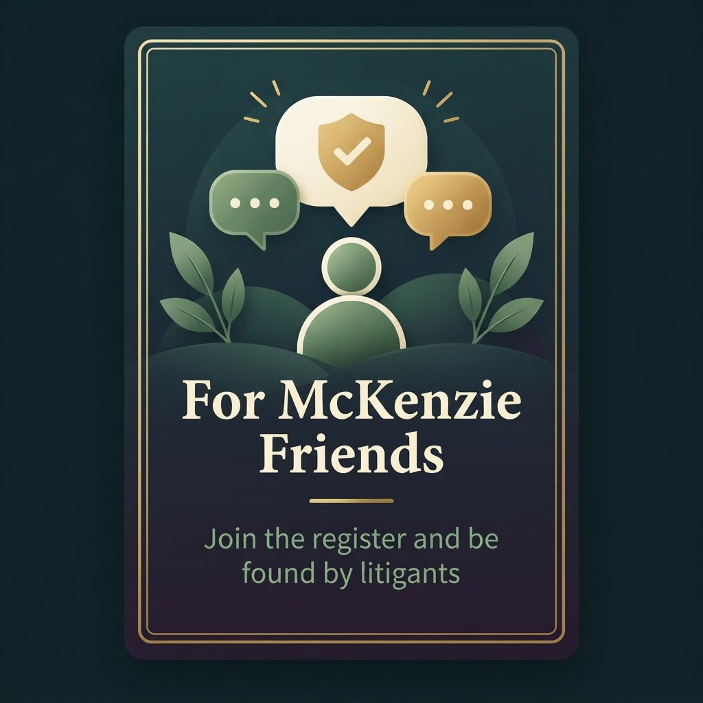 For McKenzie Friends. Join the register and be found by litigants.