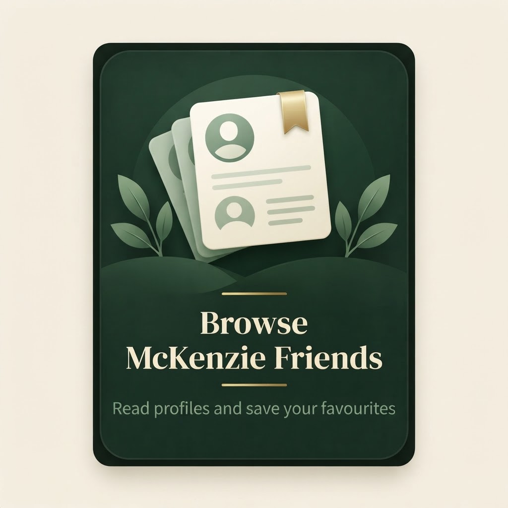 Browse McKenzie Friends. Read profiles and save your favourites.