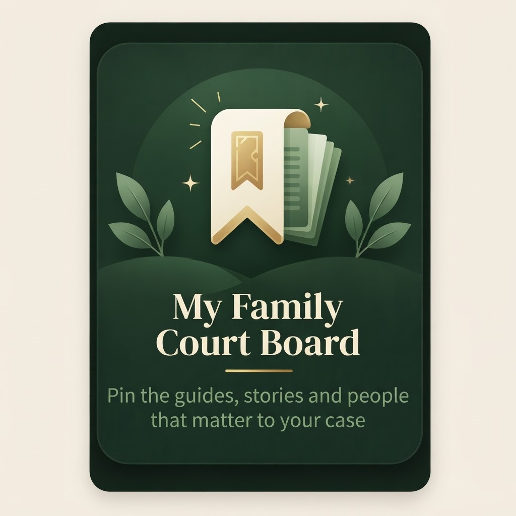 My Family Court Board. Pin the guides, stories and people that matter to your case.