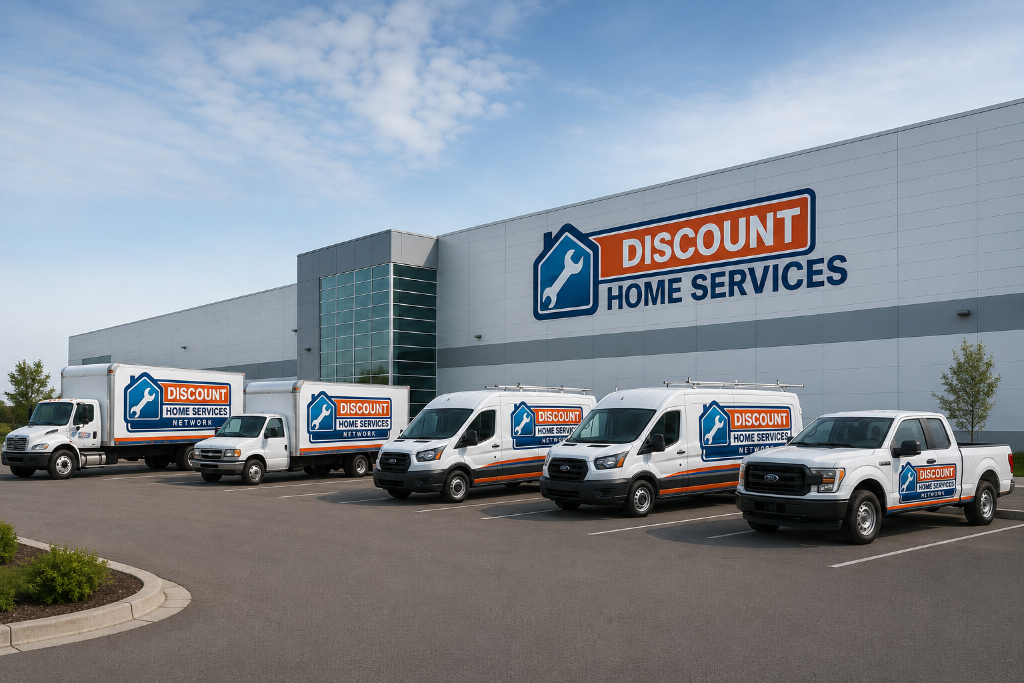 Discount Home Services fleet of branded trucks and vans outside the headquarters
