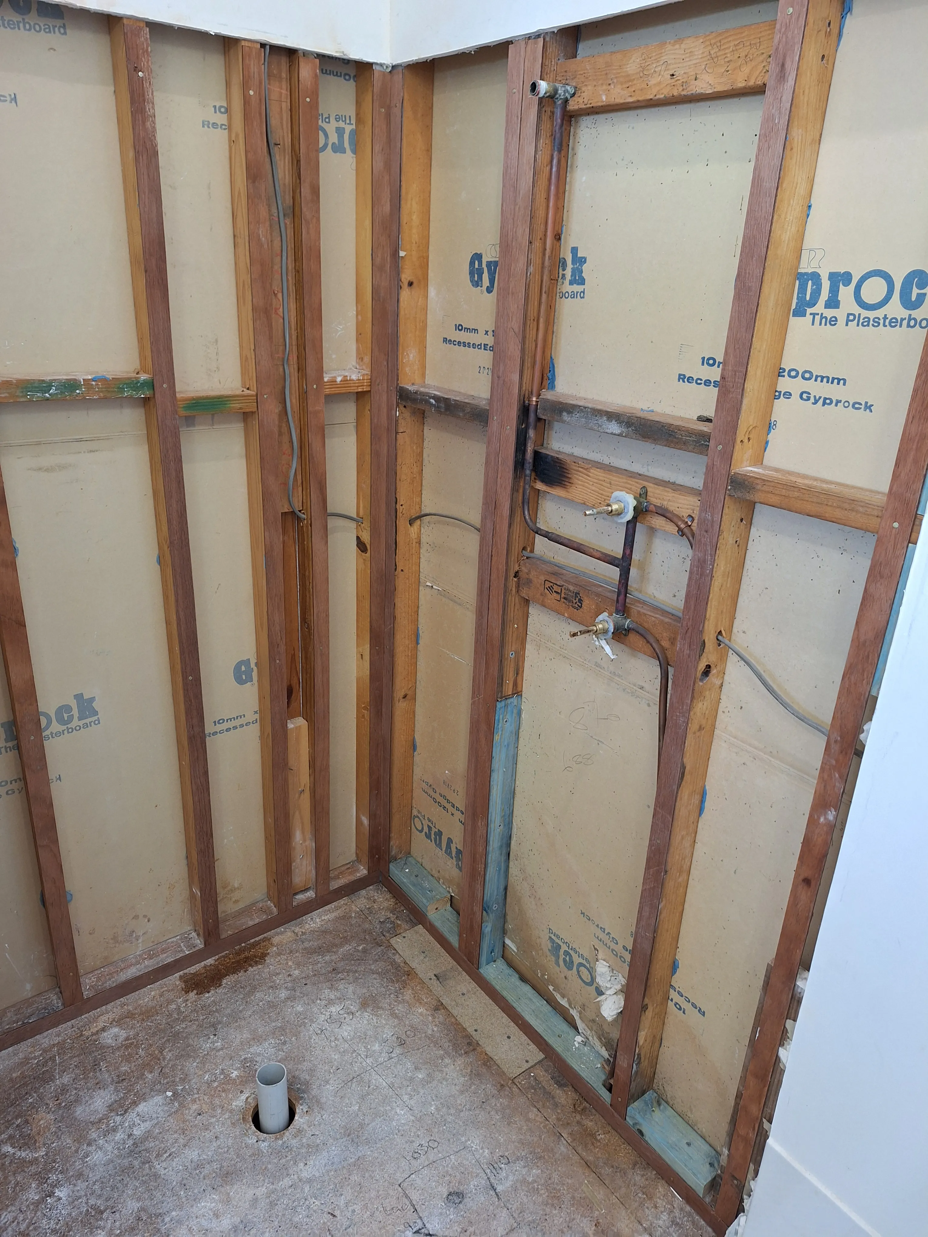 Bathroom stripped to studs and plumbing