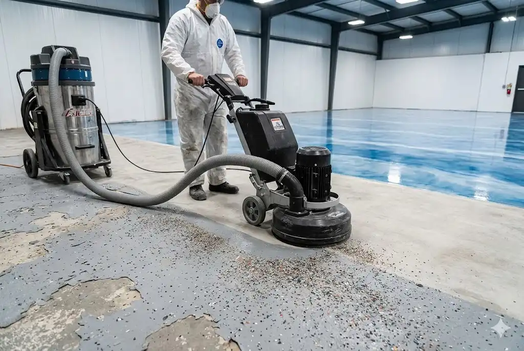 Concrete floor grinding with dust extraction