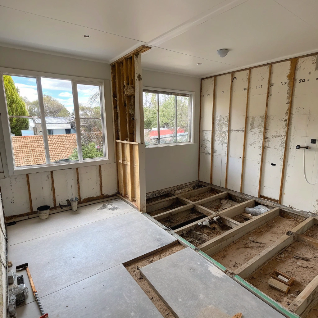 Floor strip-out exposing timber joists