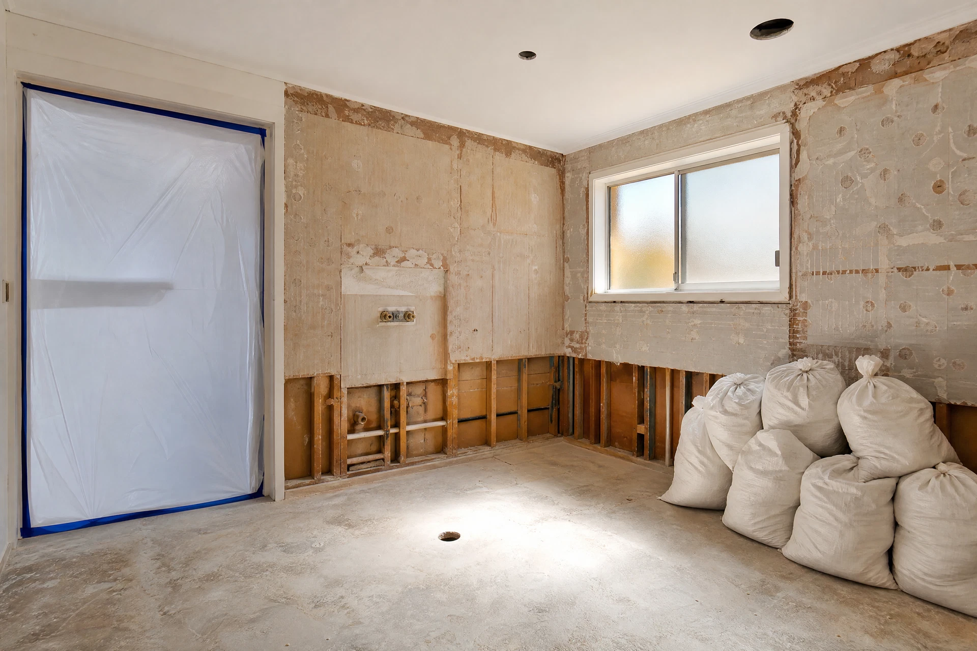 Bathroom demolition with containment sheeting